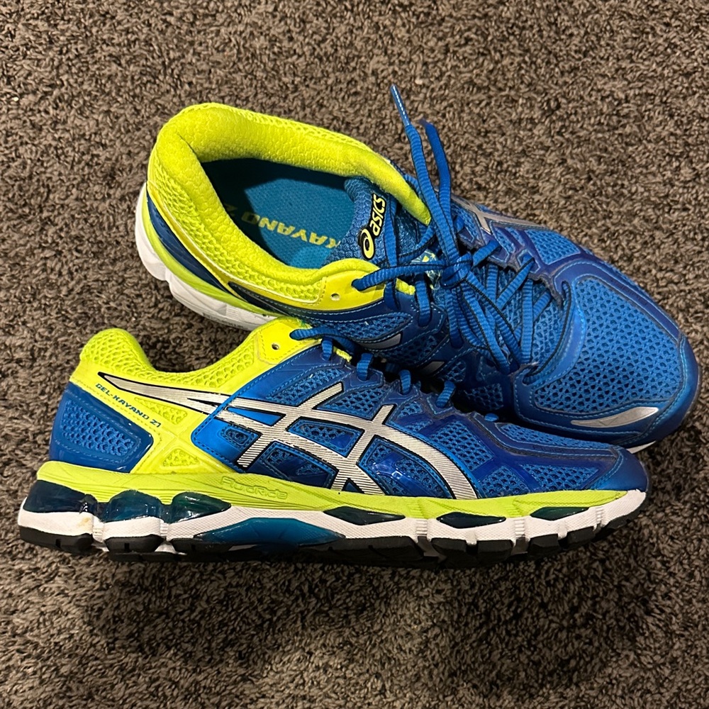 ASICS GEL KAYANO 21 Vibrant Blue and Lime Athletic Shoes size 9